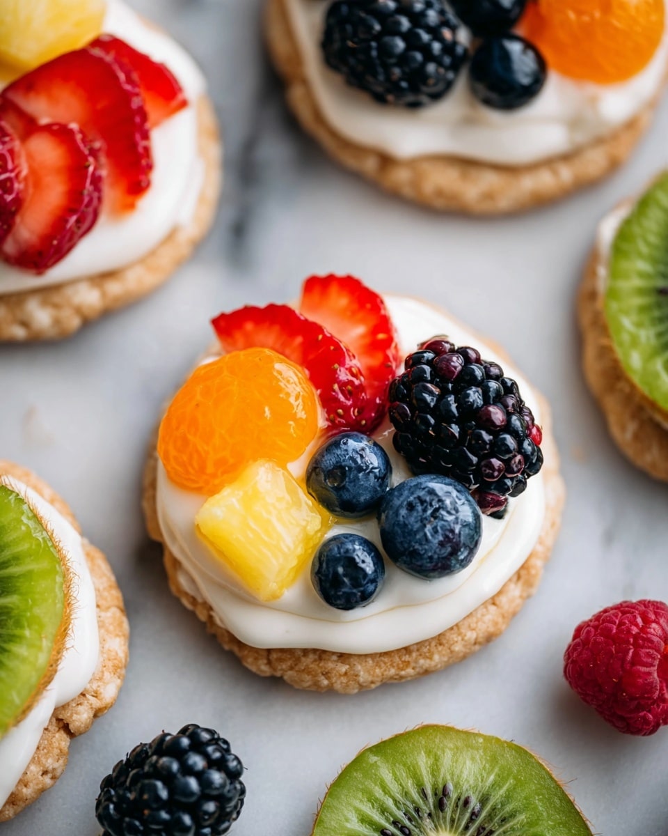 The image shows round cookies with a slightly rough texture as the base layer, topped with a smooth layer of white cream. On top of the cream, there are colorful fresh fruits arranged in small piles: bright red strawberry slices on one side, a shiny black blackberry, a deep red raspberry, dark blue blueberries, yellow pineapple chunks, and an orange slice. The fruits have a glossy look as if lightly coated with syrup. The cookies are placed on a white marbled surface, with some close-up details of a sliced green kiwi and scattered berries around. The photo taken with an iphone --ar 4:5 --v 7