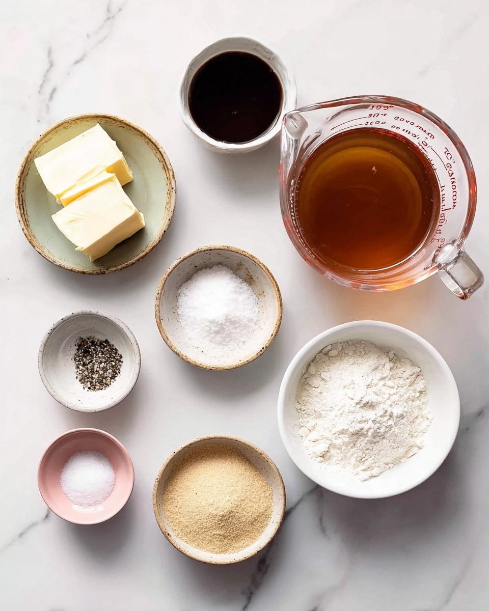 The image shows a white marbled surface with several small bowls and a glass measuring cup arranged neatly. There are seven items: a glass measuring cup filled with a brown liquid on the right, a white bowl with white powder near the bottom center, a small white bowl with a dark liquid to the left of the powder, a light brown bowl with two pieces of pale yellow butter above the white bowl, a small brown bowl with light tan and white powders to the left of the butter, a small glass bowl with salt and black pepper above the previous bowl, and a small pink bowl with white powder at the bottom left corner. Photo taken with an iphone --ar 4:5 --v 7