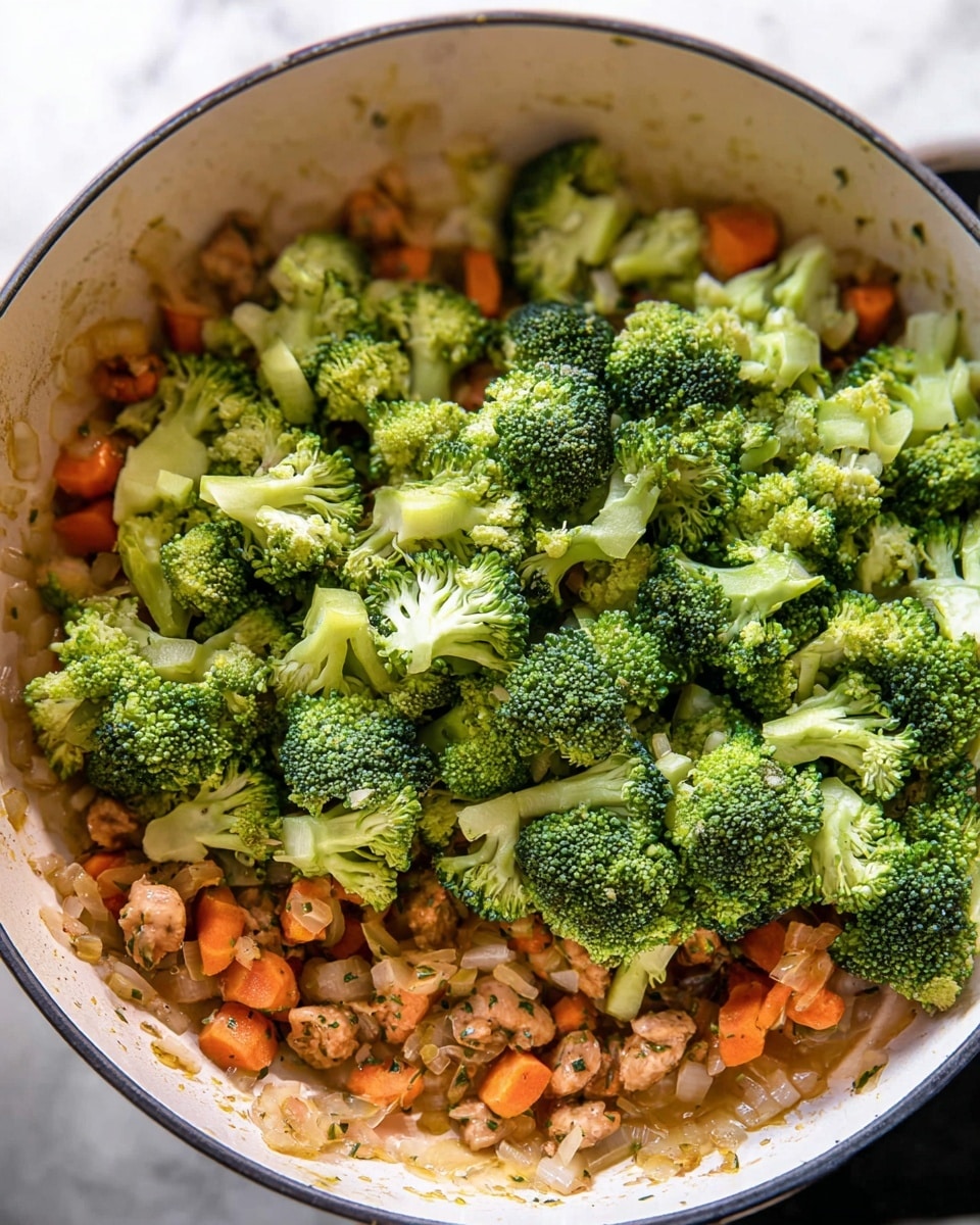 The image shows a white pan with three visible layers of food cooking. The bottom layer has small, light brown pieces of meat mixed with diced orange carrots and some small onion pieces, all covered lightly in a golden sauce with herbs. Above this, there is a thick layer of bright green broccoli florets with detailed textures, placed in a scattered way but largely covering the meat and vegetables below. The inner sides of the pan have slight browning marks, adding a cooked effect to the scene. The whole setup is on a white marbled surface. Photo taken with an iphone --ar 4:5 --v 7