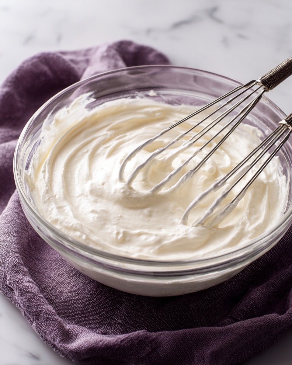 A clear glass bowl filled with a thick, smooth, creamy white mixture that has soft peaks and a slightly swirled texture on the surface. Two metal beaters are resting inside the bowl, partially covered in the creamy mixture. The bowl is placed on a deep violet cloth that lies on a white marbled surface. The lighting softly highlights the texture and creaminess of the mixture, giving it a fresh and airy look. photo taken with an iphone --ar 4:5 --v 7