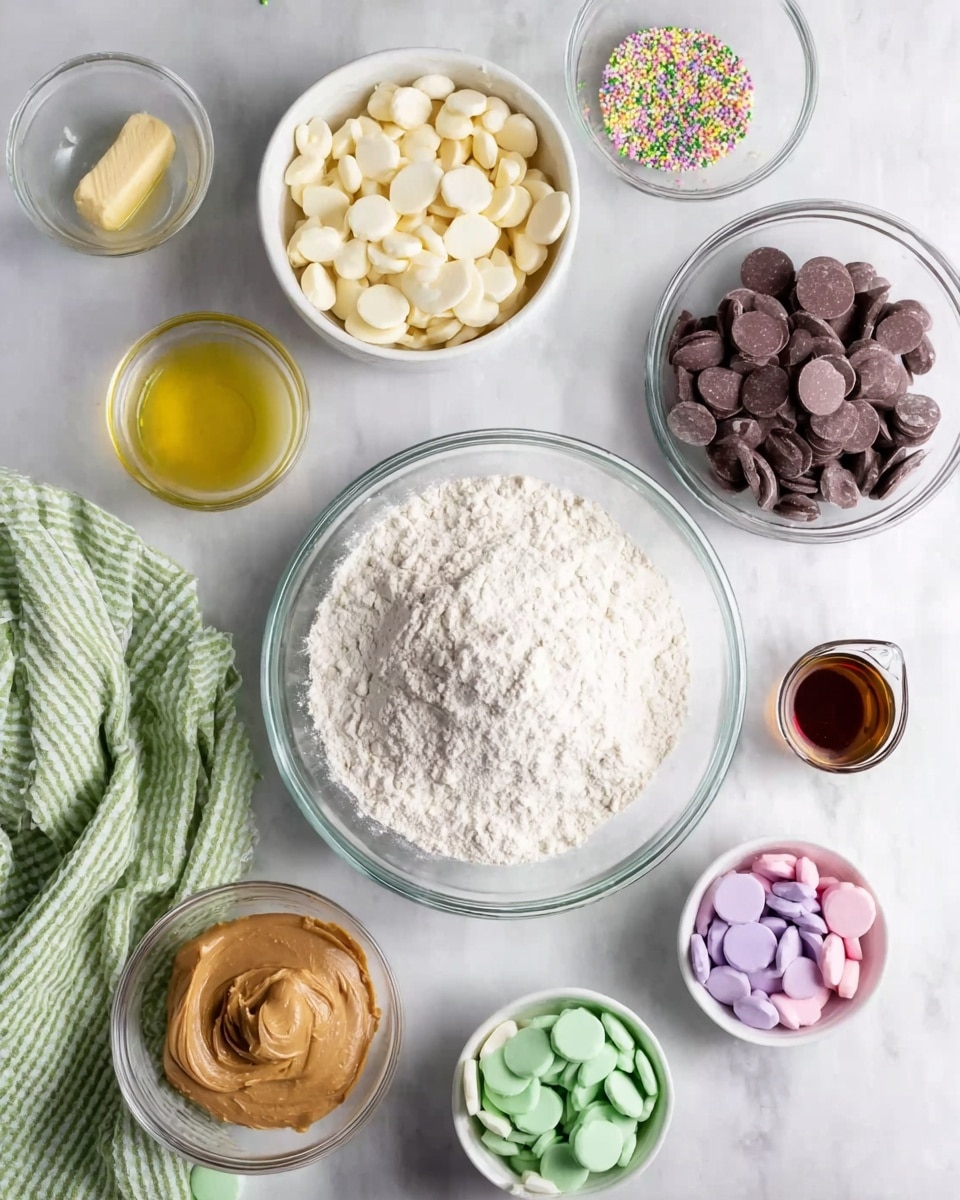 A white marbled surface holds several glass and white bowls filled with baking ingredients arranged neatly. In the center, a large clear glass bowl is full of white powdered flour. Above it, slightly right, is a glass bowl with dark brown chocolate discs, and to the left, a glass bowl with white chocolate discs. To the left of the flour bowl is a small glass cup with a yellowish liquid, possibly melted butter, sitting on a green and white checkered cloth. Below the flour to the left, there is a medium glass bowl filled with light brown creamy peanut butter. Below the flour bowl to the right, there are three white small bowls each containing pastel-colored chocolate discs in pink, green, and purple. A tiny glass bowl near the bottom center holds a mix of green, purple, yellow, and pink sprinkles. A small glass container filled with dark brown vanilla or similar liquid sits near the peanut butter. The scene feels clean, soft, and well organized with soft natural light. photo taken with an iphone --ar 4:5 --v 7