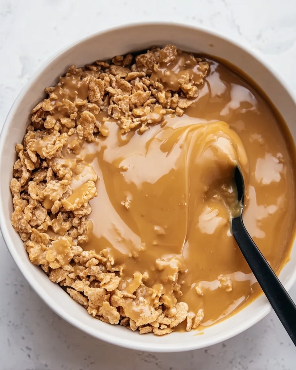 The dish shows a white bowl filled with three clear layers: the bottom layer is crunchy cereal pieces with a light beige color and rough texture, the middle layer is smooth, thick caramel-like sauce in a rich golden brown shade, and the top layer has the cereal pieces peeking through the sauce with some of the sauce puddled around them; a black spoon is partially dipped into the bowl on the right side, scooping up some of the sauce and cereal; the background is a white marbled surface photo taken with an iphone --ar 4:5 --v 7