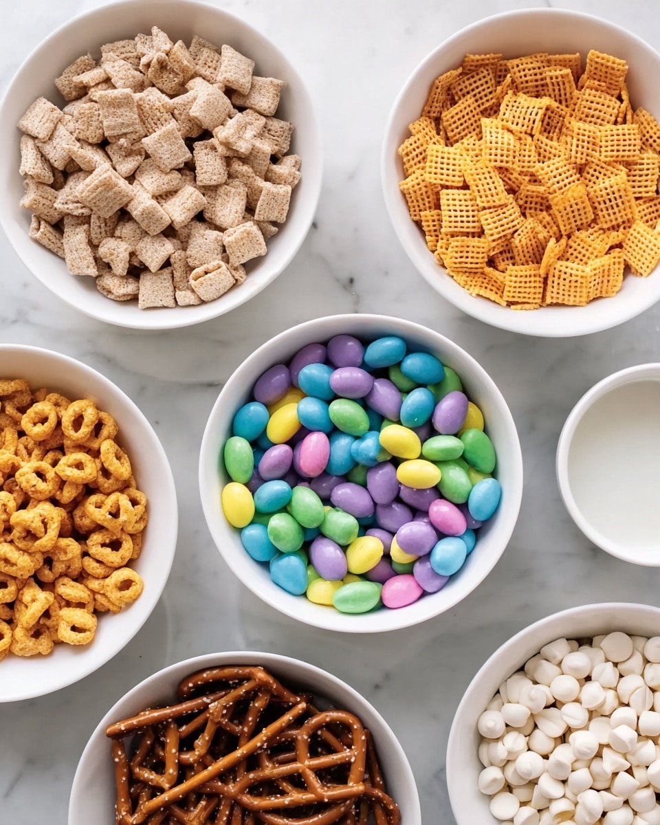 The image shows six white bowls arranged on a white marbled surface in a circular pattern around an empty small white bowl near the top right. In the center bowl, there are colorful candy-coated chocolate pieces in pastel shades of purple, blue, green, yellow, and pink. The top bowl contains light brown, round cereal loops. The left bowl holds orange, square, crunchy snacks. The top left bowl is filled with small beige cereal squares with a grid pattern. The bottom right bowl contains brown pretzel sticks, and the top right bowl is filled with small white chocolate chips. Photo taken with an iphone --ar 4:5 --v 7