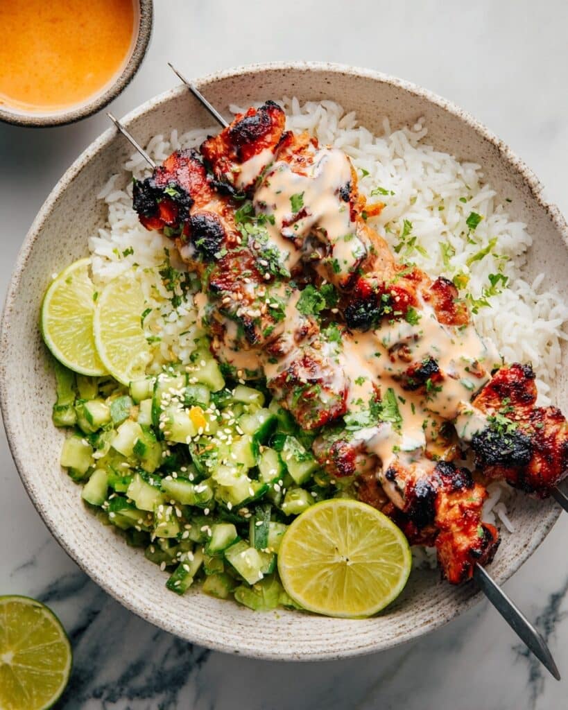 Bang Bang Chicken Skewers with Coconut Rice and Avocado-Cucumber Salad Recipe