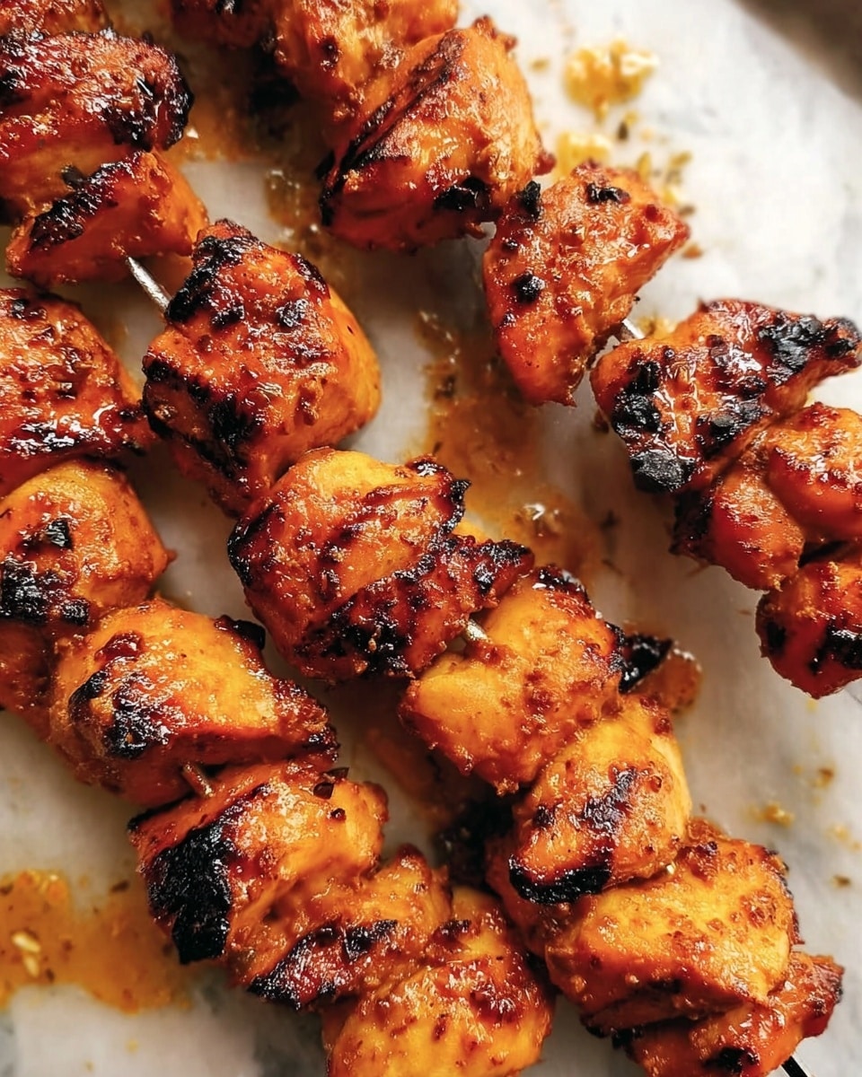 The image shows several metal skewers holding pieces of grilled chicken. The chicken pieces are golden orange with charred, dark brown spots from grilling. The pieces look juicy and are packed closely on the skewer. The background has a white marbled texture with some orange and brown sauce stains around the skewers, giving a fresh and cooked look. The photo was taken with an iphone --ar 4:5 --v 7