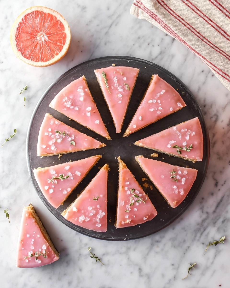 A round pie is cut into ten triangle slices and arranged on a dark round tray, each slice topped with a smooth pink glaze and small white sugar crystals scattered across the surface. Some slices are decorated with a few small green herb leaves. Two broken pieces rest beside the tray on a white marbled surface. On the upper left corner, there is a half of a grapefruit showing its bright pink inside, and on the right side, a cloth with red and beige stripes lies softly. Photo taken with an iphone --ar 4:5 --v 7