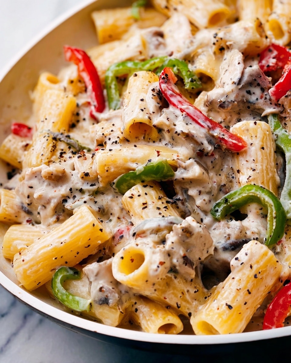 This image shows a close-up of rigatoni pasta coated in a thick white sauce with black pepper sprinkled on top. The pasta pieces are yellow and tubular, mixed with small chunks of white meat. Thin slices of green and red bell peppers are scattered throughout, adding color contrast. The sauce looks creamy and smooth, covering every part of the pasta and vegetables. The dish is inside a white pan with a white marbled background. Photo taken with an iphone --ar 4:5 --v 7
