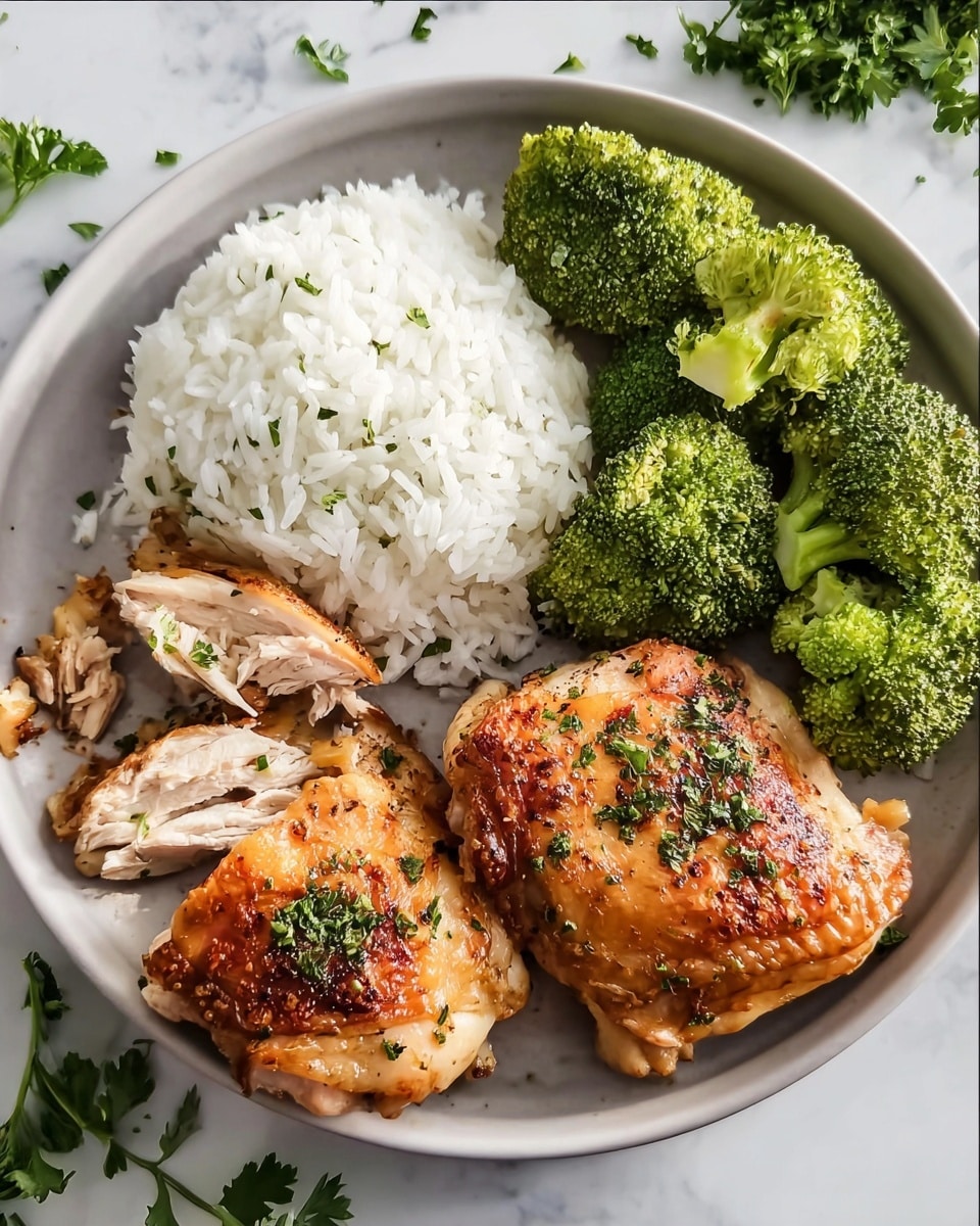 The dish shows a white round plate filled with three main parts: the top left side has a mound of fluffy white rice with visible grains, the top right side has several pieces of bright green steamed broccoli with textured florets, and the bottom half has two golden-brown roasted chicken thighs with crispy skin sprinkled with bits of green herbs. Some of the chicken is sliced into chunks and placed near the bottom edge of the plate. The plate is placed on a white marbled surface, with some green parsley leaves scattered around. photo taken with an iphone --ar 4:5 --v 7