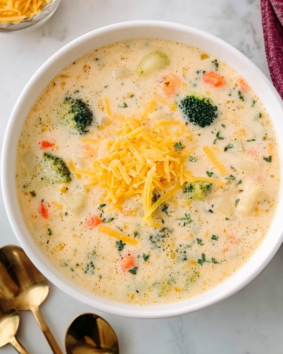 A white bowl is filled with creamy soup that has a smooth, light beige base with small bubbles on top. The soup contains visible small chunks of orange carrots, green broccoli, and light-colored potatoes or cauliflower, creating a mixed-color texture inside. On the surface, there is a layer of shredded yellow cheese sprinkled around the middle along with small bits of green herbs for garnish. The bowl sits on a white marbled surface, and a few golden spoons are placed nearby at the bottom left corner. Photo taken with an iphone --ar 4:5 --v 7