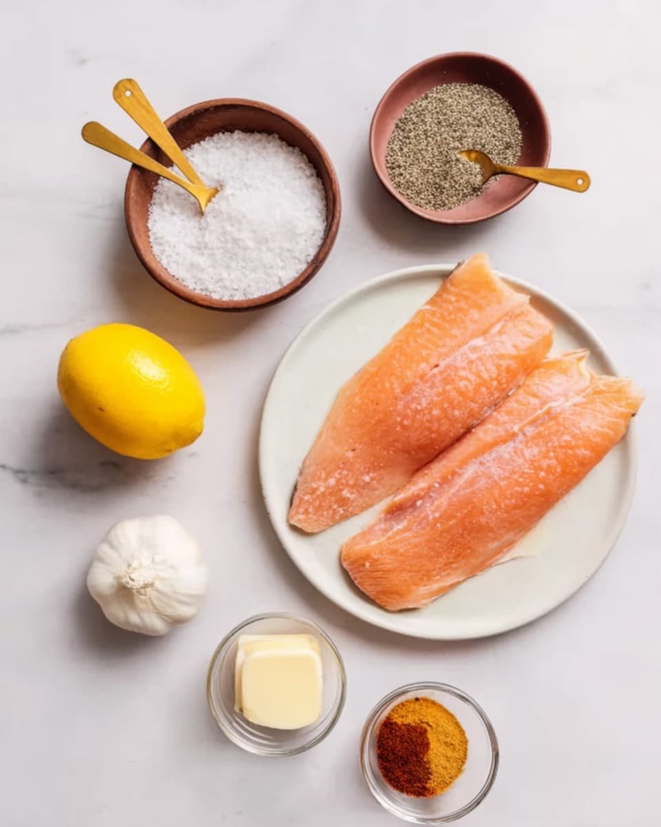 The image shows a white plate with two orange-pink fish fillets placed flat on the right side. Above and left to the plate, there are two small brown bowls, one filled with coarse white salt and the other with black pepper, both with small wooden spoons inside. Below the bowls, a whole yellow lemon sits near the lower left corner, next to a whole white garlic bulb. Below the lemon and garlic, three small clear glass bowls hold a pale yellow butter chunk, a reddish spice powder, and a light yellow powder respectively. All items are arranged neatly on a white marbled surface. The photo taken with an iphone --ar 4:5 --v 7