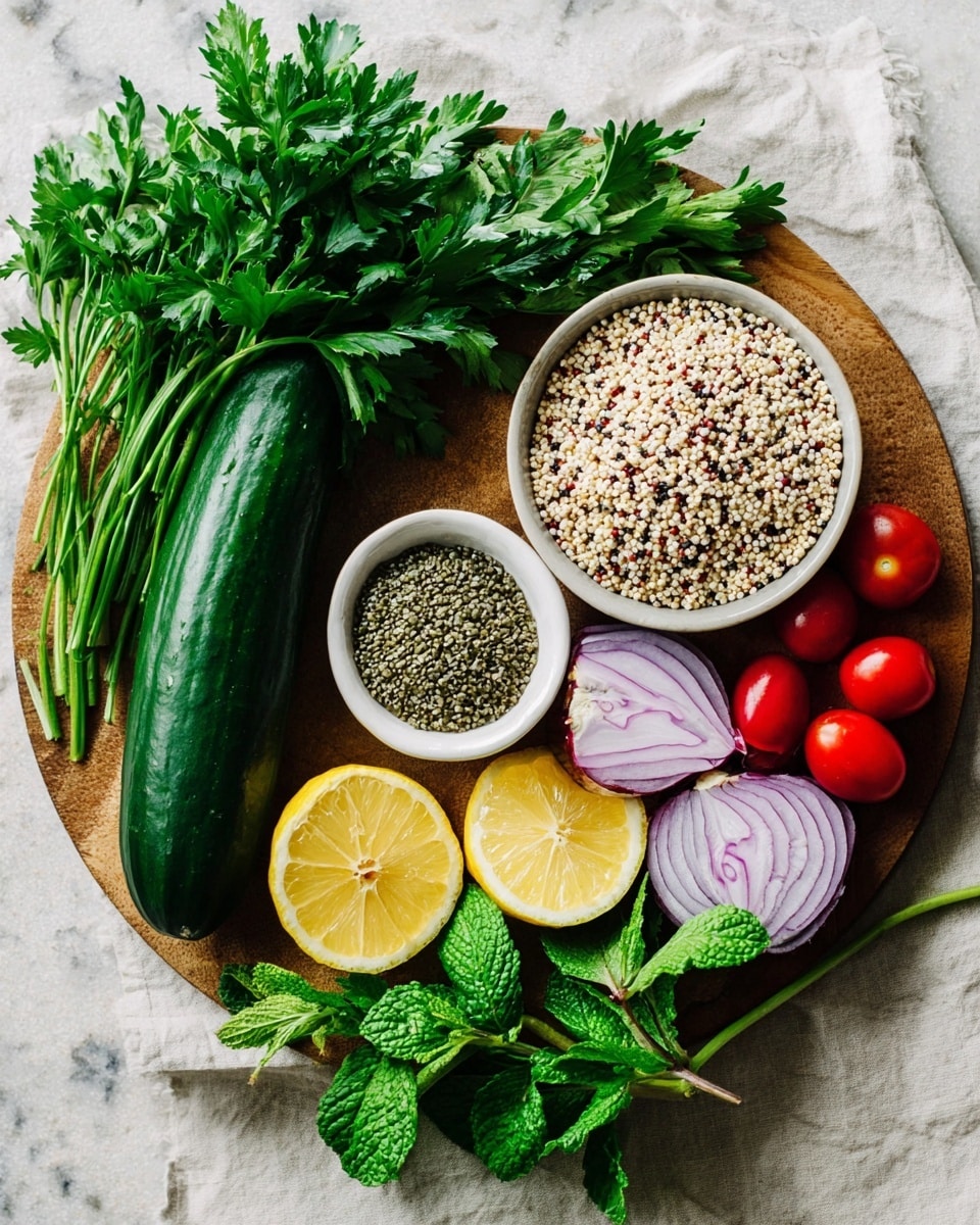 A round wooden board holds fresh ingredients arranged in a visually balanced way on a white marbled surface. There is a large bunch of green parsley on the left, next to a long dark green cucumber laying diagonally. Two white bowls sit nearby; the bigger one is filled with small, round beige and black quinoa, and the smaller one contains light green hemp seeds. Two halves of a purple onion with white centers lean on the right side. Bright red cherry tomatoes group together near two yellow lemon halves and one whole lemon at the bottom. Fresh green mint leaves sit at the bottom right with a few green stalks next to the lemon. photo taken with an iphone --ar 4:5 --v 7