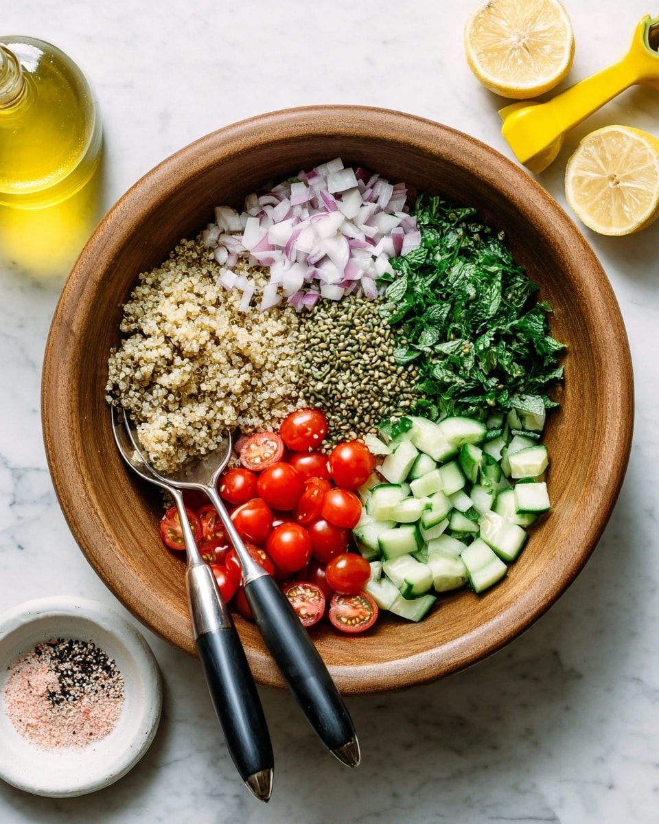 A large wooden bowl holds seven distinct layers arranged side by side without mixing: cooked quinoa in light beige with small dark seeds on the right, a light green pile of hemp seeds next to it, finely chopped bright green parsley at the top right, finely chopped green mint at the top left, finely diced pale purple onion above the mint, bright red halved cherry tomatoes on the bottom left, and chopped light green cucumber pieces below the tomatoes. Two shiny silver spoons with black handles rest diagonally on the quinoa layer, pointing outward from the bowl. The bowl is on a white marbled surface, surrounded by a small white dish of pink and black seasoning at the bottom left, a glass bottle of light yellow oil on the top left, two lemon halves with bright yellow rinds near a yellow lemon squeezer at the top right. photo taken with an iphone --ar 4:5 --v 7