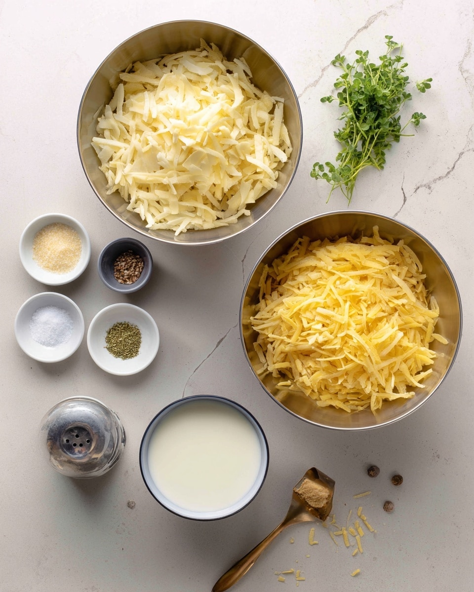 The image shows two stainless steel bowls filled with shredded ingredients placed on a white marbled surface. The top bowl holds light yellow shredded strips with some brown specks mixed in, while the bottom bowl is filled with bright yellow shredded pieces. Between these bowls, there is a gray-rimmed white bowl containing a smooth white liquid. Below this is a small white bowl with another light creamy liquid. To the left, there are three small white dishes holding dry spices in off-white, pale yellow, and light green colors. Nearby, a white dish holds coarse salt next to a small metallic shaker. A bunch of fresh green herbs lies near a golden spoon with some powder on it. The scene is clean and bright with a clear focus on the ingredients photo taken with an iphone --ar 4:5 --v 7