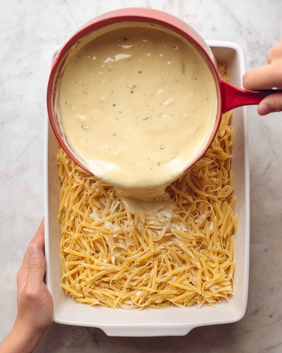 A white rectangular baking dish is filled with a layer of thin, golden-yellow pasta noodles arranged loosely, filling the dish almost to the top edge. Above the pasta, a creamy, pale yellow sauce is being poured from a red pot held by two woman's hands, one on each side of the pot's handle. The sauce looks smooth with a few small herbs visible inside. The scene is set on a white marbled surface. photo taken with an iphone --ar 4:5 --v 7
