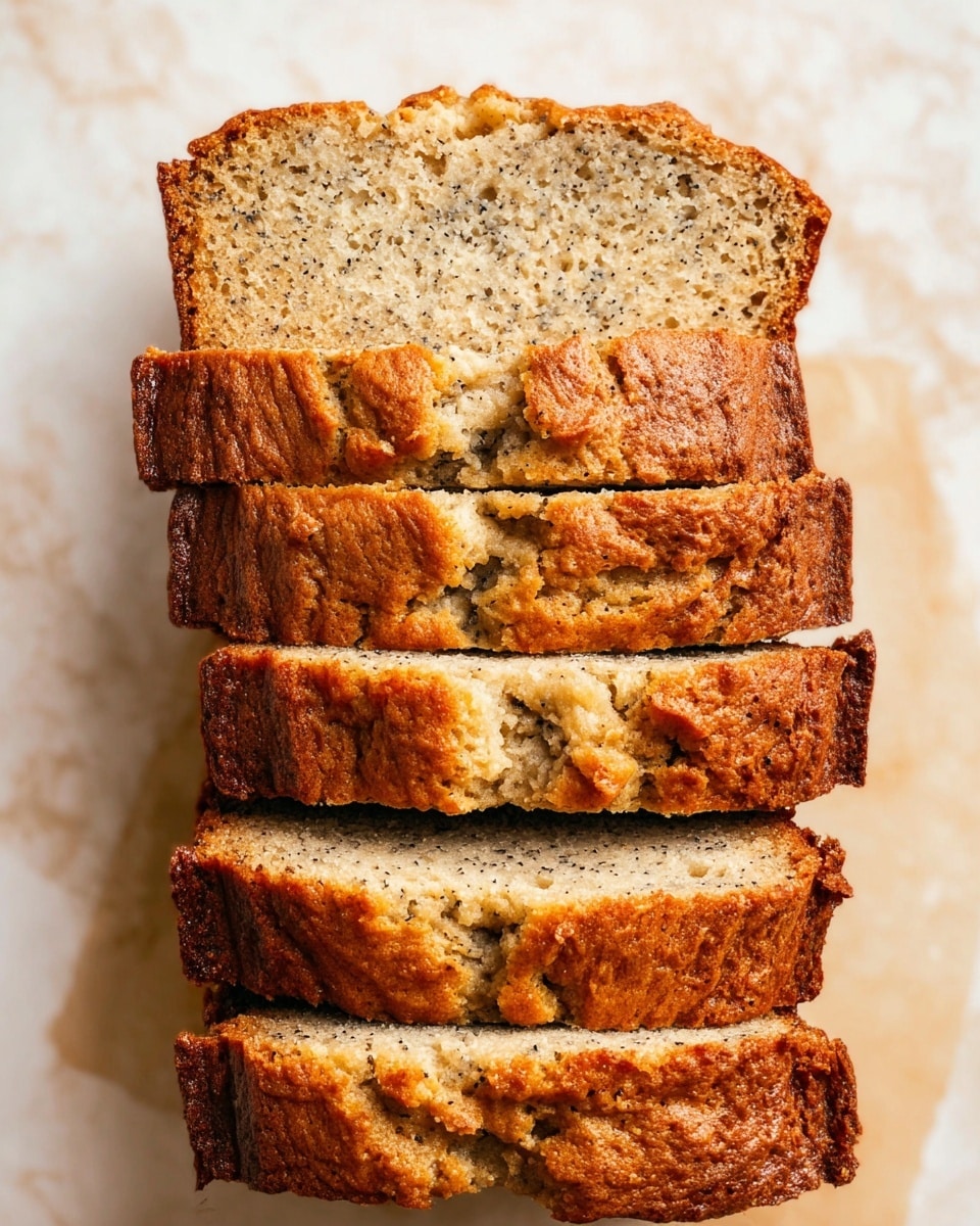 The image shows five slices of banana bread stacked unevenly on top of each other. Each slice has a golden-brown crust with a textured surface showing cracks and baked ridges. The inside of the bread is light tan with small black specks throughout, indicating mashed banana pieces. The bread looks soft and moist with a slightly rough crumb texture. The background is a white marbled texture. photo taken with an iphone --ar 4:5 --v 7