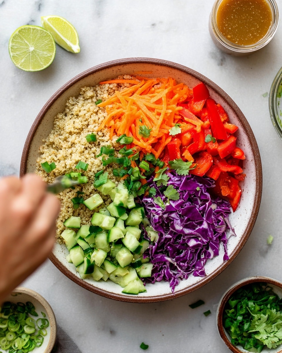 A large round bowl with a brown rim and white inside is filled with four layers arranged side by side: a base layer of light beige quinoa, followed by chunks of light green cucumber with a fresh look, then bright orange diced carrots, next to vibrant red bell peppers, and finally shredded purple cabbage with a crisp texture. There are small green chopped scallions scattered on top of the vegetables, and some fresh green cilantro leaves are being added by a blurred woman's hand on the left side. Around the bowl on a white marbled surface, there are two half lime pieces, a small bowl of chopped green onions, a small bowl of cilantro, and a jar of brown dressing. Photo taken with an iphone --ar 4:5 --v 7