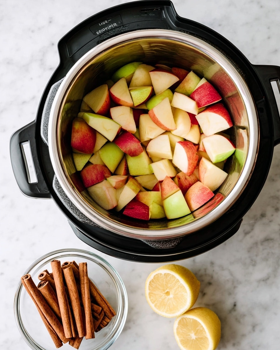 A close-up top view of a black electric pressure cooker filled with two layers of freshly chopped apple pieces in red and green colors, each apple piece smooth and juicy with the skin on, arranged randomly inside the shiny stainless steel inner pot. Next to the cooker, on the white marbled surface, are two lemon halves with their yellow rind and juicy interior visible, and a clear glass bowl filled with several tightly rolled cinnamon sticks showing their warm brown color and textured surface. The whole scene is bright and clean. photo taken with an iphone --ar 4:5 --v 7