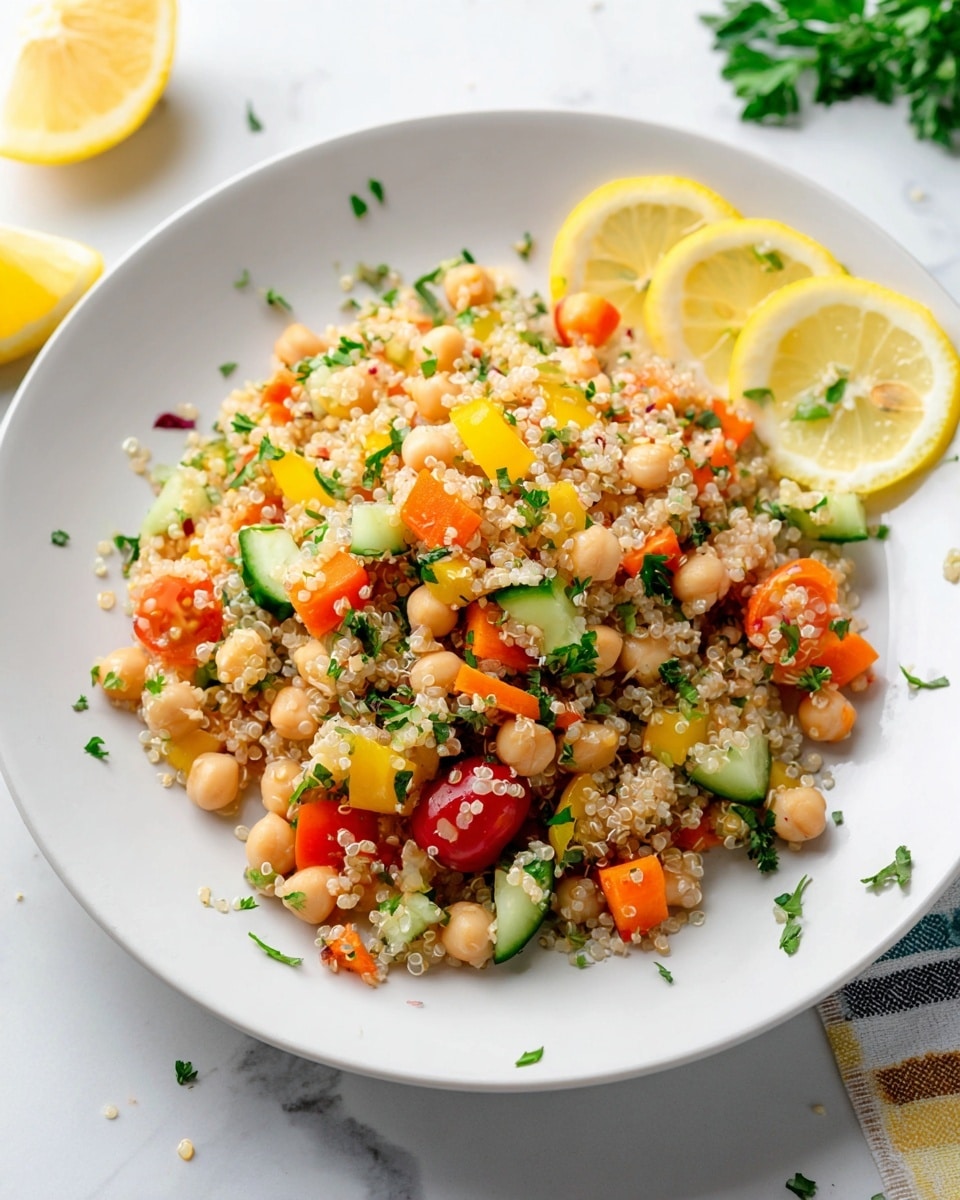 A white plate holds a fresh quinoa salad with three layers of small, round quinoa grains mixed evenly with light tan chickpeas, bright orange carrot cubes, yellow bell pepper pieces, green cucumber slices, chopped green herbs, and halved red cherry tomatoes. On the right edge of the salad are two thin lemon slices with small green herb leaves scattered on and around the salad. The plate sits on a white marbled surface with blurred lemon wedges and green herbs in the background. Photo taken with an iphone --ar 4:5 --v 7
