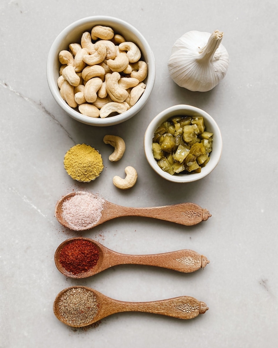 A set of ingredients is arranged on a white marbled surface. At the top left, there is a white bowl filled with light beige cashew nuts. To its right, a small white bowl holds chopped green pickles. Below these, four wooden spoons are lined up vertically with different spices and seasonings: the top spoon has a yellow powder, the second spoon contains pink salt, the third spoon has red chili powder, and the bottom spoon is filled with a brown spice. To the right of the spoons, there is a whole garlic bulb with white skin and a brown base. A single cashew lies between the two bowls near the top. photo taken with an iphone --ar 4:5 --v 7