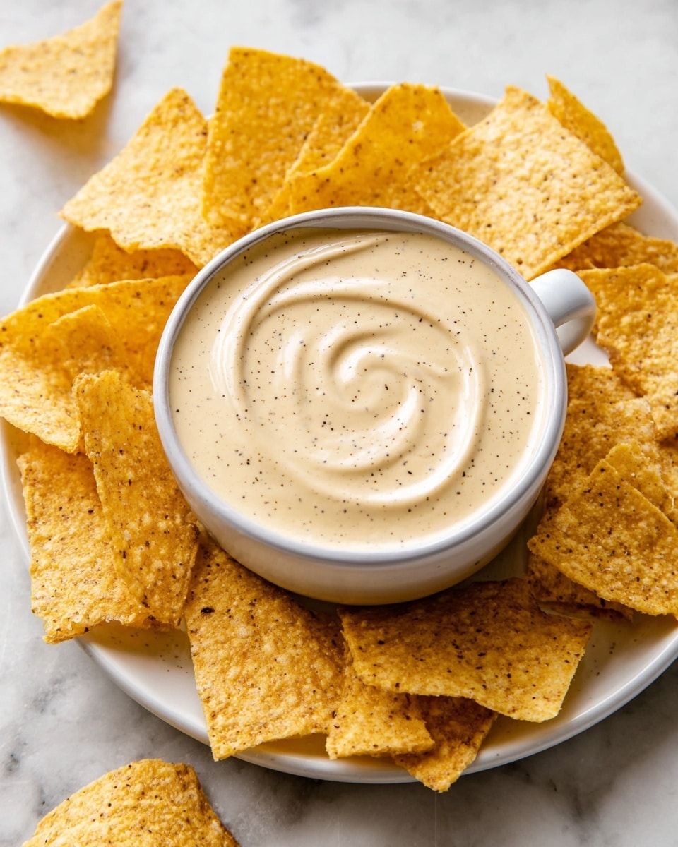 A white cup filled with thick, creamy light beige dip with tiny black specks swirled on top, placed at the center of a white plate. The plate is covered with several crunchy tortilla chips in a golden yellow color, slightly rough and speckled with brown spots. A few chips spill out onto the white marbled surface surrounding the plate. photo taken with an iphone --ar 4:5 --v 7