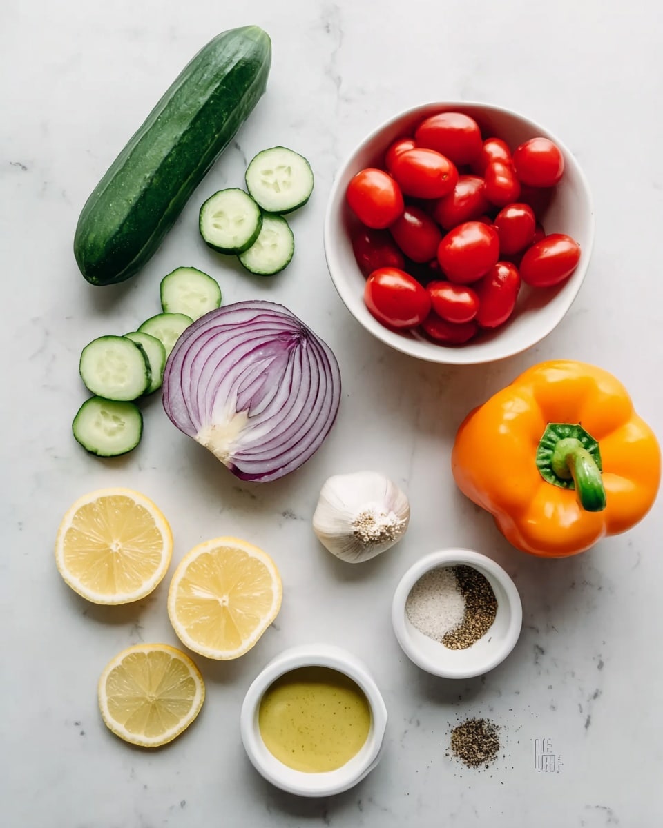 A white marbled surface holds a variety of fresh ingredients neatly arranged. On the left, there is a half cucumber with several small cucumber pieces placed around it. Next to it is a small white bowl filled with shiny, red grape tomatoes. To the right of the bowl, there are two whole bell peppers, one orange and one yellow, both with green stems. Below these peppers, a halved red onion shows its purple and white layers. Two lemon halves are on the bottom left side of the image, bright yellow and fresh. In the center near the bottom, a bulb of garlic sits with one loose clove next to it. Around the garlic, there are three small white bowls: one with a pale liquid, one with a thick yellow mustard-like sauce, and one with a mix of pink salt and black pepper. The light and clean white marbled background brightens the colorful ingredients. Photo taken with an iphone --ar 4:5 --v 7