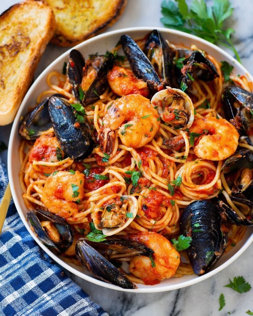 Seafood Pasta with Shrimp, Scallops, Clams, and Mussels in a Tomato Sauce Recipe