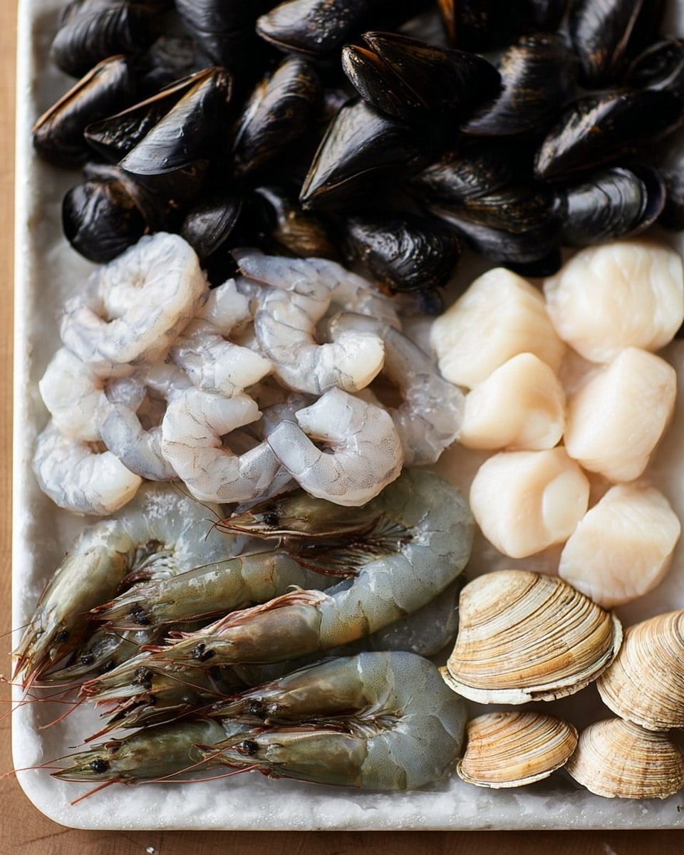 The image shows a close-up of fresh seafood arranged in three main layers on a light tray. The top left layer has black mussels with shiny, smooth shells. The middle layer features many raw shrimp with pale gray and slightly translucent bodies, their tails dark and attached. The top right layer has a group of white scallops with a soft, smooth texture. The bottom right part includes a few beige clams with ridged shells. All items are on a white marbled textured surface. photo taken with an iphone --ar 4:5 --v 7