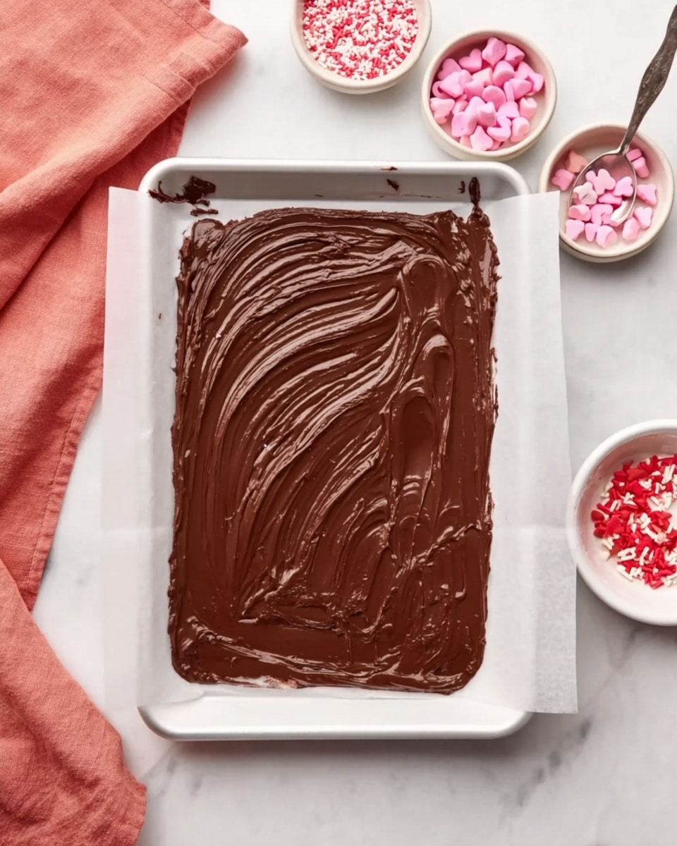 A rectangular white tray is lined with parchment paper holding one thick, shiny layer of spread, rich dark brown melted chocolate with visible smooth, swirled textures in its center and over the edges. Around the tray, bowls with small pink, red, and white heart-shaped sprinkles and pink candy melts are placed on a white marbled surface, along with a spoon containing some chocolate. A soft coral cloth is gently placed in the top left corner of the image. photo taken with an iphone --ar 4:5 --v 7