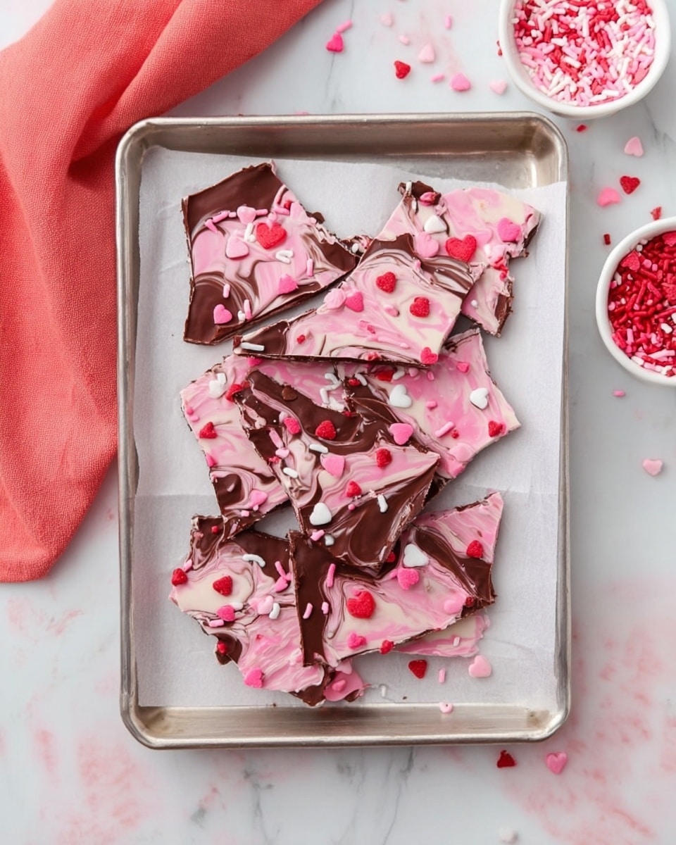 This image shows a silver baking tray lined with white parchment paper holding several broken pieces of pink and brown chocolate bark. The bark has two layers: a dark brown chocolate base and a swirled top layer of soft pink chocolate. The pink layer has a smooth, creamy texture with some marbling, mixing with the dark brown chocolate below. The pieces are scattered irregularly, some are large and some are smaller. The bark is decorated with small pink and red heart-shaped and cylindrical sprinkles that add a playful texture on top. Around the tray on a white marbled surface are additional pink and red sprinkles and two white bowls filled with matching sprinkles. A coral-colored cloth rests in the upper left corner. photo taken with an iphone --ar 4:5 --v 7