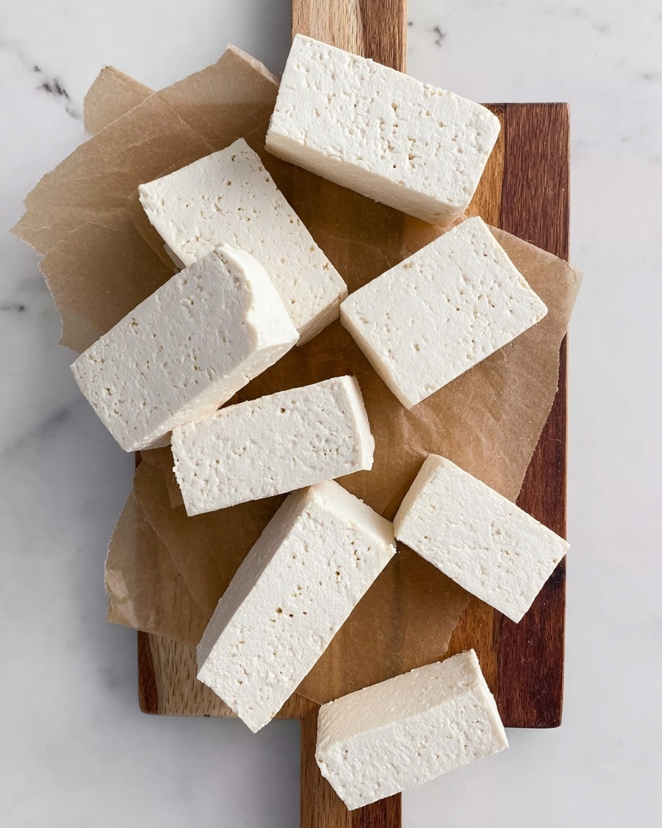 The image shows nine rectangular blocks of tofu placed on a piece of brown paper, which lies on a wooden board with two different brown shades. The tofu pieces are pale white with a slightly rough texture and small holes scattered on their surface. The wooden board rests on a white marbled surface. The tofu blocks are arranged in a somewhat random order, overlapping and tilted at different angles. Photo taken with an iphone --ar 4:5 --v 7