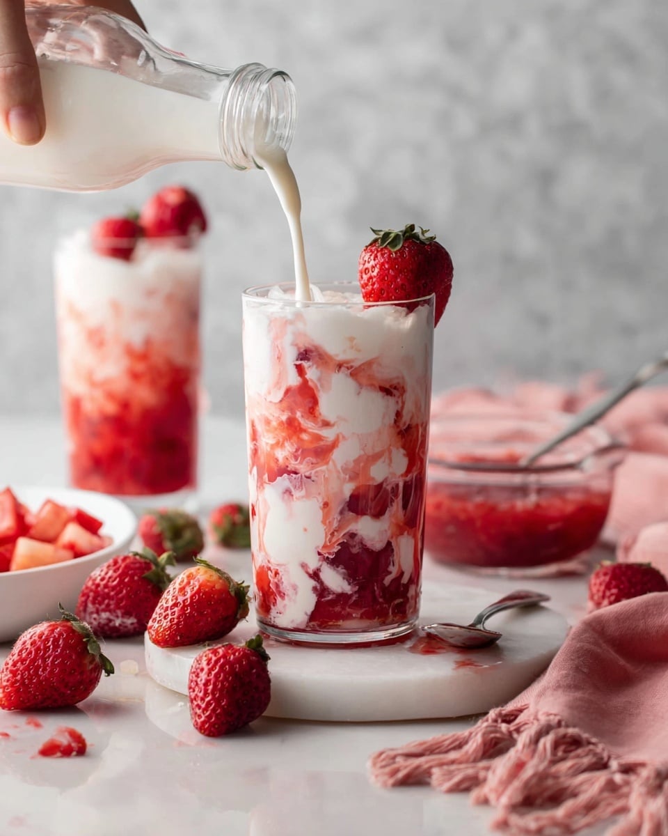 A clear glass shows a layered drink with a base of bright red strawberry pieces and syrup, topped by creamy white milk that swirls down from a glass bottle being poured by a woman's hand, creating a marbled pink and white texture throughout the drink. The glass sits on a white marbled surface, surrounded by fresh whole and chopped strawberries, a pink cloth with tassels, and a clear bowl with strawberry sauce and a spoon. In the background, another similar drink garnished with a whole strawberry is slightly out of focus. Photo taken with an iphone --ar 4:5 --v 7