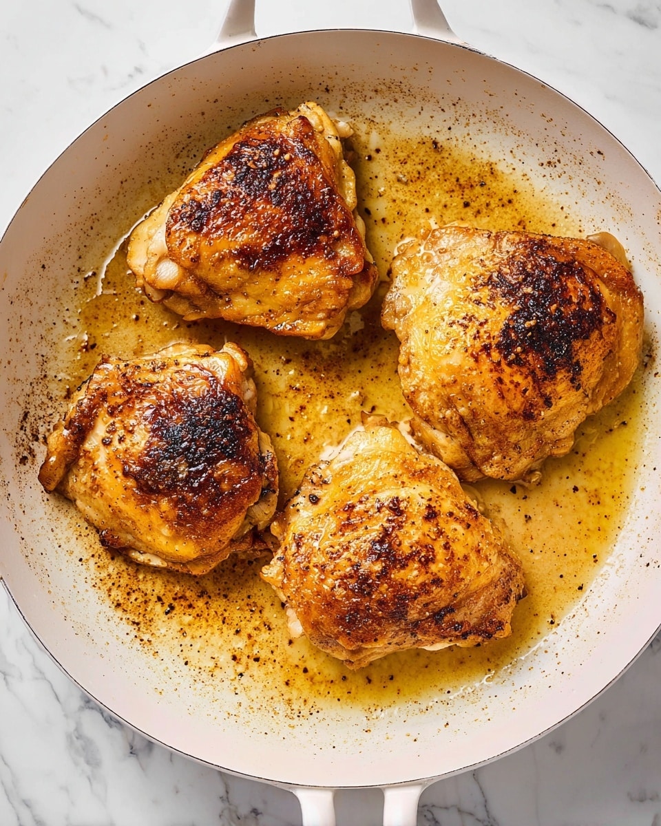 The image shows a white skillet with four pieces of cooked chicken thighs inside. Each piece has a golden brown and crispy skin with some darker brown spots, showing a nice cooked texture. The chicken pieces sit in a shallow layer of oily cooking juices, which are light brown and spread across the bottom of the skillet. The background is a white marbled surface, and the skillet handle is visible on the side. Photo taken with an iphone --ar 4:5 --v 7