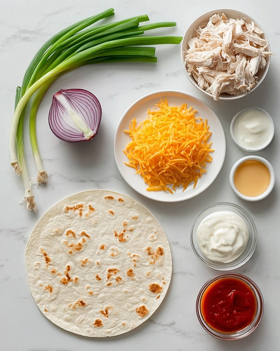 The image shows a flat lay of ingredients for a dish arranged on a white marbled surface. In the center is a soft white flour tortilla with light brown spots. Above the tortilla is a small white plate holding bright orange shredded cheese. To the left of the tortilla, there is a small white bowl filled with shredded white chicken. Next to the chicken is a small bowl with creamy white sour cream, and to its right is a small bowl of thick white sauce, likely mayonnaise or yogurt. On the top left are fresh green onions with white bulbs and green stems, and next to them is half a purple onion showing its layers. On the right side of the tortilla, there is a small clear glass bowl of red sauce with some texture, and next to it below is another clear glass bowl with light orange liquid. The arrangement is neat, showing each ingredient clearly, with a clean and simple background. Photo taken with an iphone --ar 4:5 --v 7