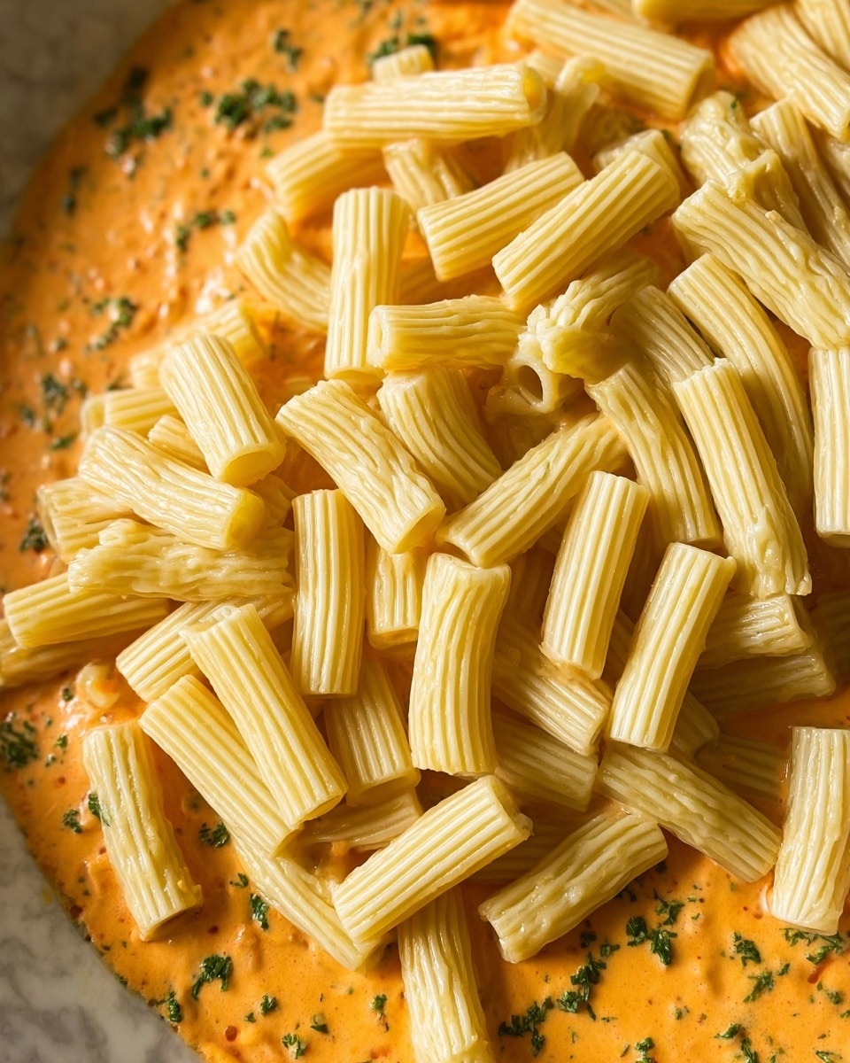 The image shows a close-up of a dish with two visible layers. The bottom layer is a creamy orange sauce with green herb specks, spread evenly across the base. On top is a scattered layer of pale yellow, ridged, tube-shaped pasta pieces, arranged loosely to cover most of the sauce. The background is a white marbled texture. photo taken with an iphone --ar 4:5 --v 7