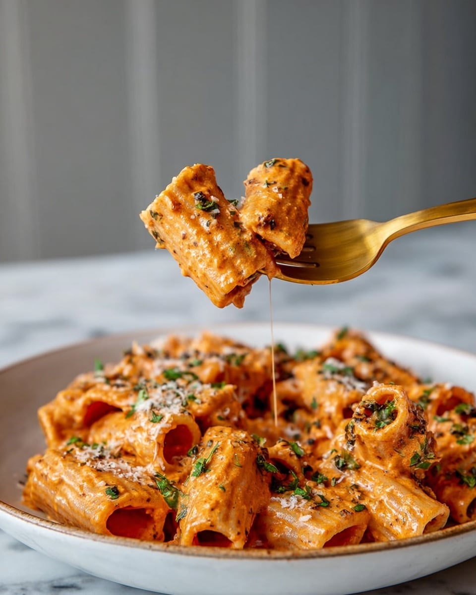 The image shows a close-up of rigatoni pasta coated in a thick creamy orange-red sauce with visible bits of green herbs and grated cheese sprinkled on top. The rigatoni pieces are hollow and ridged, with a smooth sauce clinging to their surfaces. Some pasta pieces are lifted by a gold fork above a white plate filled with more pasta, garnished with finely chopped green herbs and small bits of grated cheese. The background features a soft gray wall and the pasta sits on a white marbled surface. photo taken with an iphone --ar 4:5 --v 7