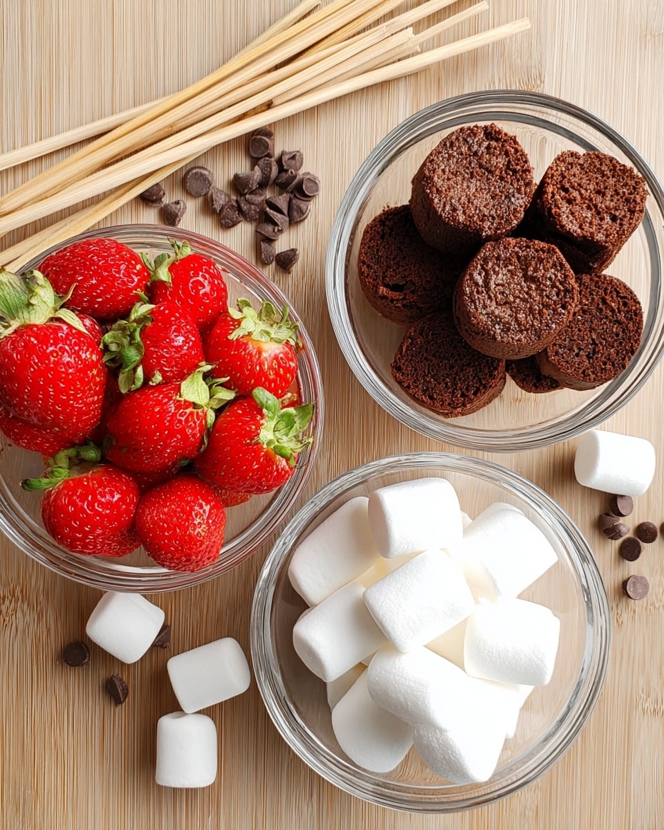 A top-down view shows three clear glass bowls placed on a white marbled surface that looks like wood texture but changed to white marble texture; the bowl on the left is filled with bright red strawberries with green leaves, the bowl on the right is filled with round chocolate cake pieces showing rough and porous textures, and the bowl at the bottom contains big white marshmallows with soft and fluffy texture. Around the bowls, there are scattered chocolate chips, three marshmallows, and one chocolate cake piece with a marshmallow underneath it. To the left, several thin wooden sticks lie together on the surface. Photo taken with an iphone --ar 4:5 --v 7