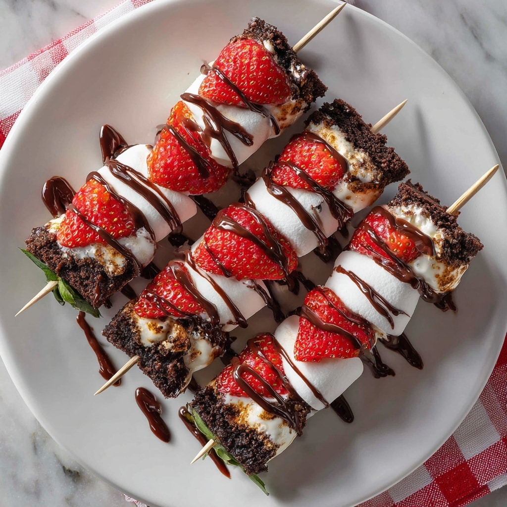 Three dessert skewers lie on a white plate, each skewer layered in a repeating pattern of a bright red strawberry, a piece of dark brown chocolate cake, and a large white marshmallow. The strawberries are fresh with visible seeds, the cake pieces have a soft and crumbly texture, and the marshmallows appear smooth and fluffy. All skewers are drizzled with thick dark chocolate in thin waves that flow over the strawberries, cake, and marshmallows. The plate sits on a white marbled surface with a hint of a red and white checkered cloth underneath. Photo taken with an iphone --ar 4:5 --v 7