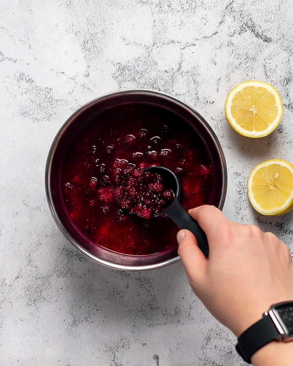A top-down view shows a metal pot filled with dark red berries and thick red juice. A woman's hand wearing a black wristwatch holds a black measuring spoon scooping the berry mix. To the right of the pot, there is half a lemon with a pale yellow inside. The whole scene is set on a white marbled surface photo taken with an iphone --ar 4:5 --v 7