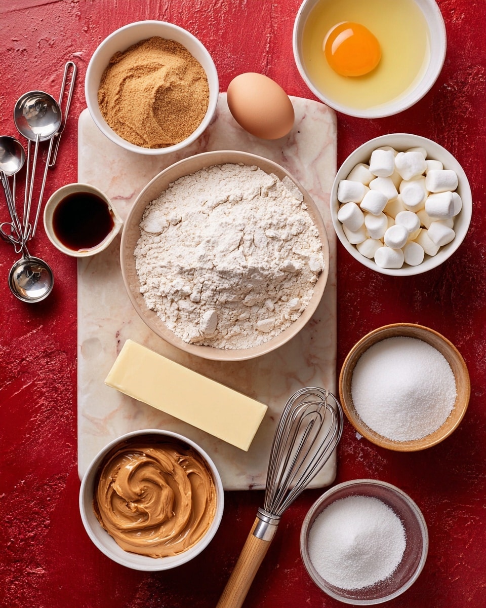 The image shows an overhead view of baking ingredients arranged around a white marbled board on a red textured surface. At the center, there is a light beige bowl filled with white flour. To the top right, a larger white bowl is full of small white marshmallows. Next to it, an unwrapped stick of pale yellow butter lies on the board. Above the center, a small glass bowl contains a raw egg yolk and white. To the top left, a white bowl is filled with light brown sugar. To the left of the flour bowl, a medium white bowl holds smooth, creamy peanut butter. Near the top left corner are two metal measuring spoons and a small white bowl with dark liquid, likely vanilla extract. At the bottom left, a white bowl contains white granulated sugar. Below the bowl with flour, a white bowl has a metal whisk with a wooden handle resting inside it. The whole setting is neat and clearly shows each ingredient’s texture and color. Photo taken with an iphone --ar 4:5 --v 7