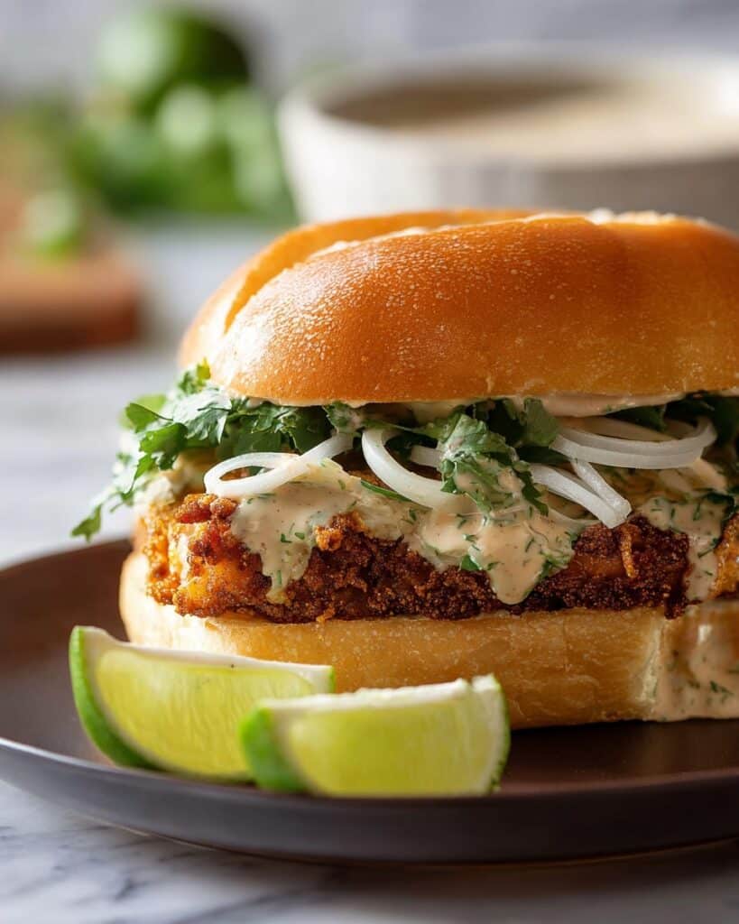 Crispy Cilantro Lime Chicken Sandwich with Cucumber Salad and Zesty Sauce Recipe