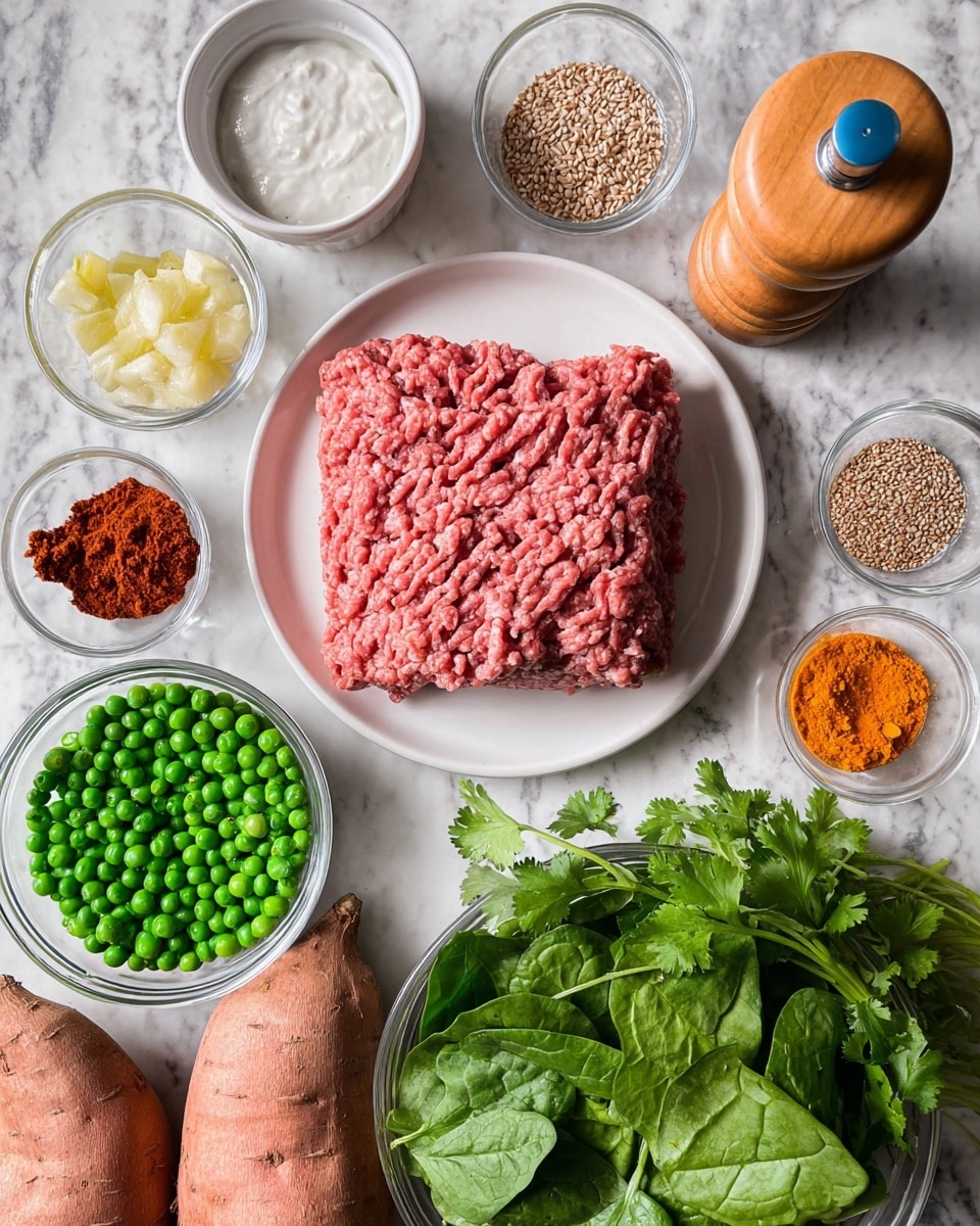A flat white plate holds a large block of raw pink ground meat in the center with clear lines and texture. Around it, there are small white bowls with various ingredients: one bowl with white thick sauce, another with yellow garlic pieces, one with brown seeds, another with red and orange spices, and a smaller dish with red paste. To the right, a white bowl is full of fresh green spinach leaves, and below that, a clear glass measuring cup is filled with bright green frozen peas. At the bottom edge, two large orange sweet potatoes rest on the white marbled surface next to a bunch of green cilantro. A wooden pepper grinder with a blue top is at the top right. The whole setup is arranged on a white marbled background, photo taken with an iphone --ar 4:5 --v 7