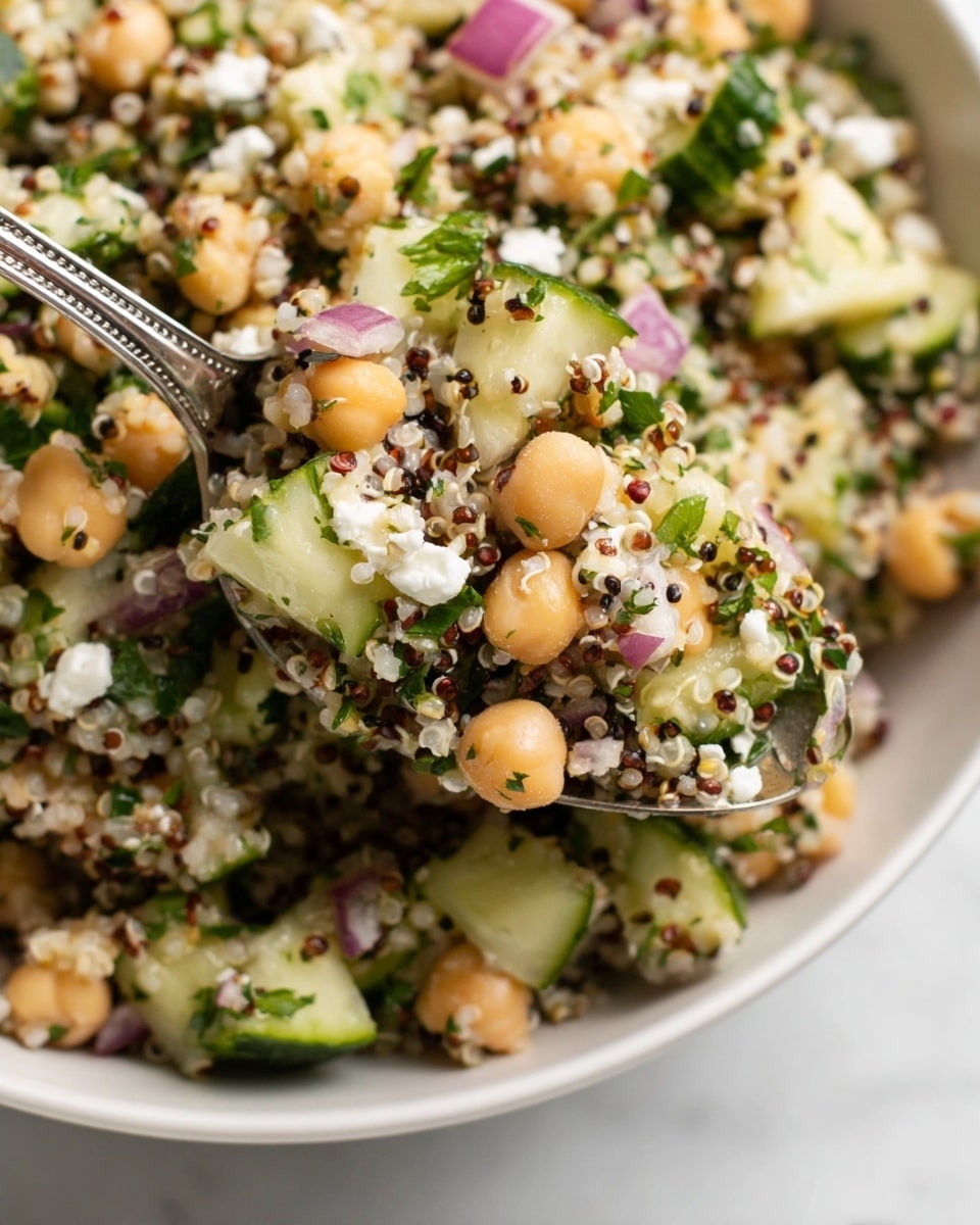The image shows a white bowl filled with a colorful salad made of various ingredients. The salad consists of small round chickpeas, white and red quinoa grains, chopped cucumber pieces, finely diced purple onion, and green parsley leaves. There are also several whole pistachio nuts scattered throughout. The mixture appears fresh and slightly moist, with a textured look from the different sizes of ingredients. The bowl sits on a white marbled surface, with a small white bowl of crumbled cheese partially visible at the bottom edge. Photo taken with an iphone --ar 4:5 --v 7