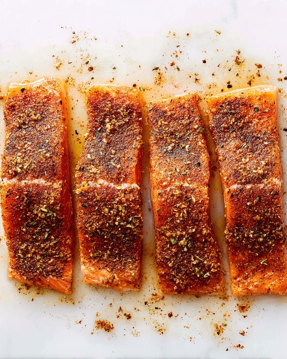 Four pieces of raw salmon fillets are laid out side by side on a white marbled surface. The salmon has a bright orange color with a shiny, moist texture and is generously covered with a dry, dark brown spice rub that contains visible flakes of herbs and crushed pepper. Some oil is glistening around the salmon pieces, adding a light shine to the surface and enhancing the spices' texture. The fillets are evenly spaced and arranged in a neat row, showing the thickness and slight variations in each piece. Photo taken with an iphone --ar 4:5 --v 7