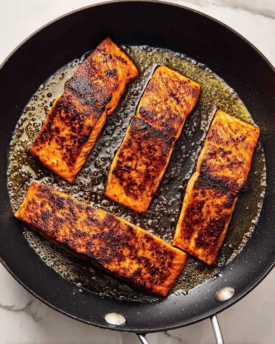 A top view of four rectangular pieces of salmon cooked in a black frying pan, each piece showing a golden-brown seared crust with charred spots. The salmon has a rich orange color with darker seasoning spread unevenly across the surface. The frying pan holds some bubbling oil around the pieces, emphasizing the cooking process. The pan sits on a white marbled surface. photo taken with an iphone --ar 4:5 --v 7