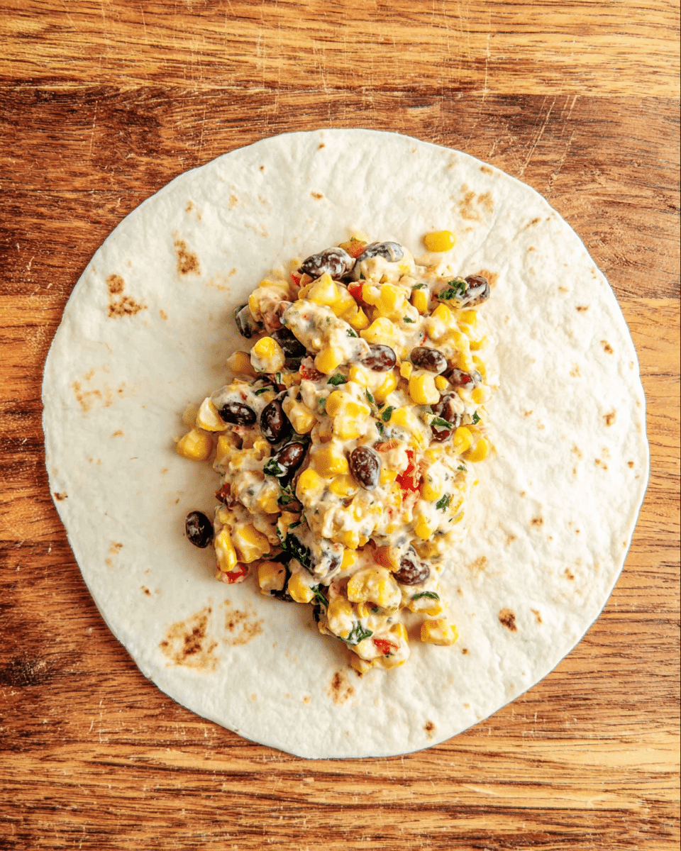 A soft white tortilla is placed flat on a wooden surface. In the center of the tortilla, there is a colorful filling made of yellow corn kernels, black beans, small red bell pepper pieces, and some cream-colored sauce mixed with herbs, giving a slightly chunky texture. The filling is layered thickly right in the middle, allowing the tortilla edges to be visible. The background is replaced with a white marbled texture. photo taken with an iphone --ar 4:5 --v 7