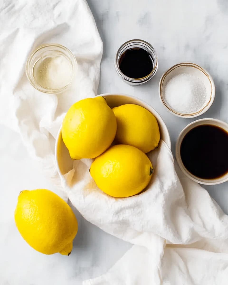 The image shows four bright yellow lemons with a smooth texture, three placed inside a white bowl lined with a white cloth and one lemon lying on the white marbled surface next to it. Around the lemons, there are three small containers: one with a dark liquid, a second with a clear liquid, and a third with white granulated sugar. The white marbled surface and cloth add a clean, fresh look. Photo taken with an iphone --ar 4:5 --v 7
