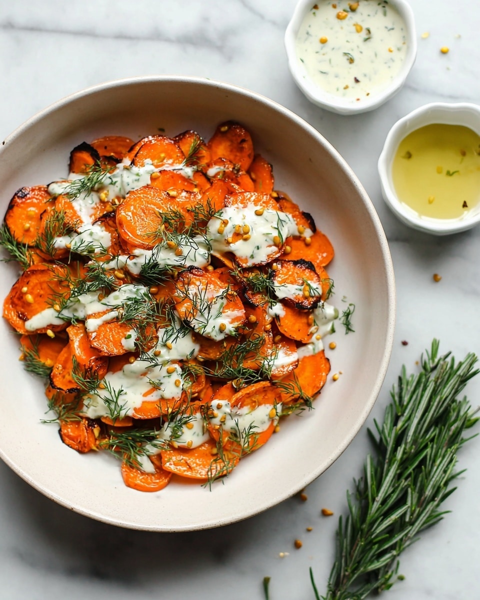 The image shows a white bowl filled with several layers of roasted sweet potato wedges. The wedges have a bright orange color with some parts charred black, giving a crispy look. They are sprinkled with small green herb leaves, adding a fresh touch. The sweet potatoes appear shiny as if brushed with oil and a bit of coarse salt is visible on top. The bowl is placed on a white marbled surface, and in the background, there is a small white bowl with a creamy white sauce. photo taken with an iphone --ar 4:5 --v 7