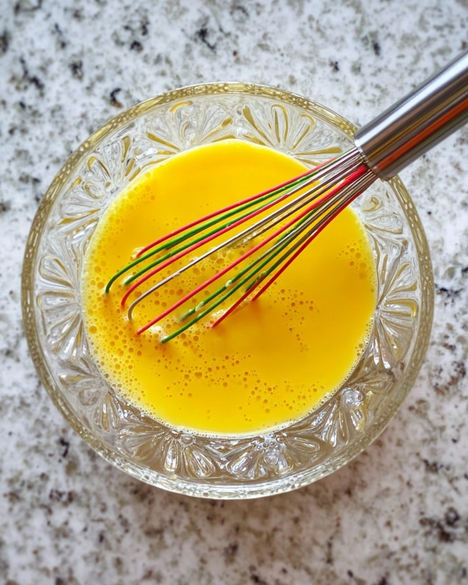 A clear glass bowl with ornate patterns holds a single layer of bright yellow beaten eggs, smooth with small bubbles on the surface. A metal whisk with red and green silicone strands is partially submerged in the eggs, resting diagonally inside the bowl. The bowl is placed on a white marbled textured countertop. photo taken with an iphone --ar 4:5 --v 7
