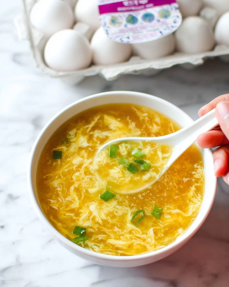 A white bowl holds a light golden-yellow egg drop soup with soft, silky egg ribbons swirling through the broth. Small green onion pieces float on the surface, adding bright green color contrast. A white ceramic spoon rests inside the bowl, partially submerged in the soup, with the woman's hand gently holding the spoon. The bowl sits on a white marbled surface, and a white egg carton is blurred in the background. photo taken with an iphone --ar 4:5 --v 7