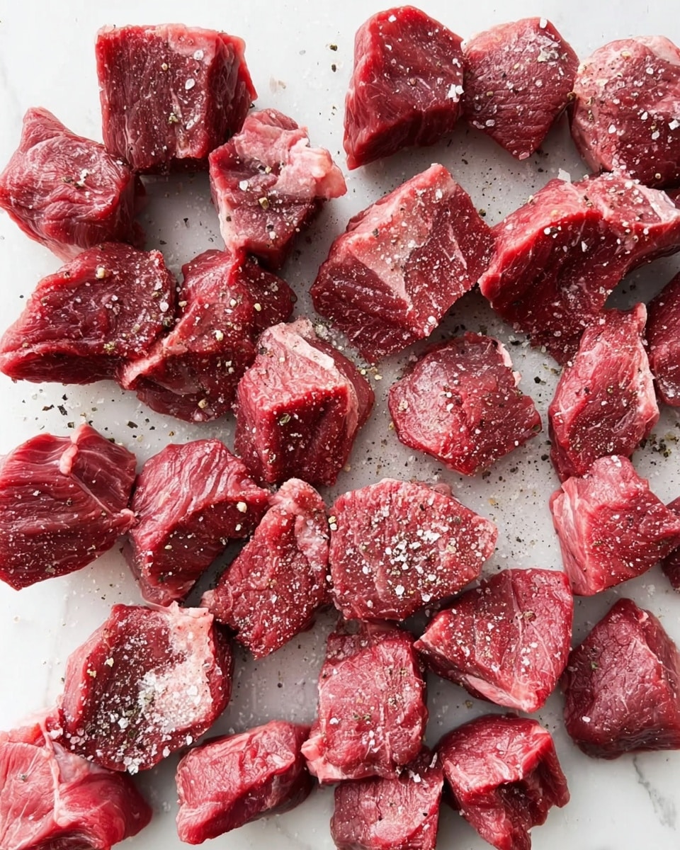 Many small pieces of raw red meat are spread out on a white marbled surface. The meat pieces are thick and uneven in shape, with some showing a bit of white fat. The meat looks fresh, with coarse salt and black pepper sprinkled unevenly over the top, giving a textured look. The colors vary from bright red to darker maroon in places, and the pieces are arranged so they cover most of the surface in a loose, scattered way. Photo taken with an iphone --ar 4:5 --v 7